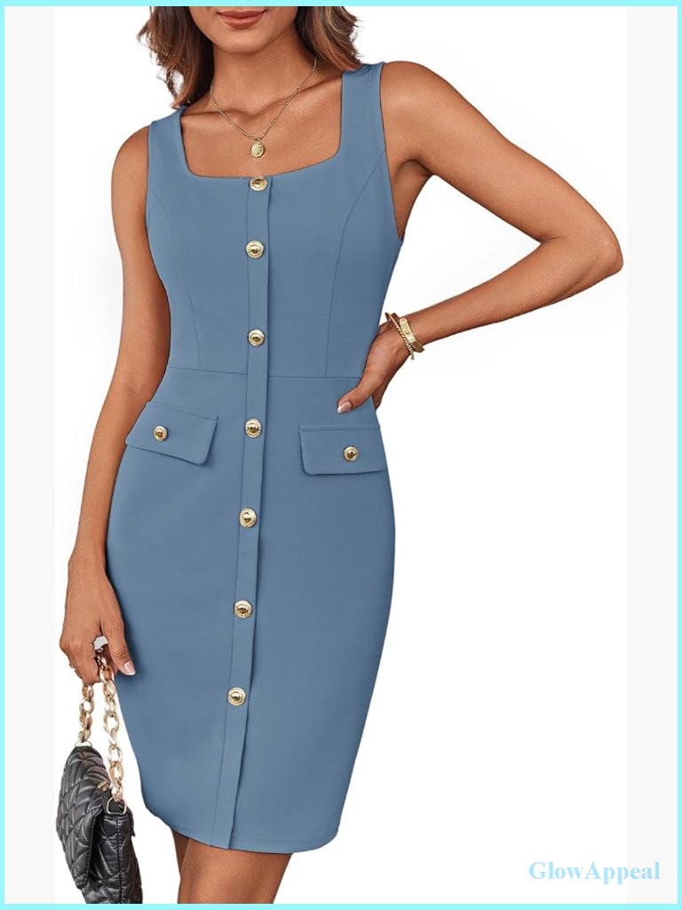 Square Neck Belted Bodycon Midi Dress Sleeveless Work Business Sheath